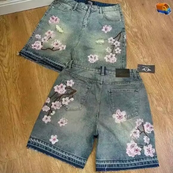 Y2k Cherry Blossom Embroidered Denim Shorts - Picture 3 of 4